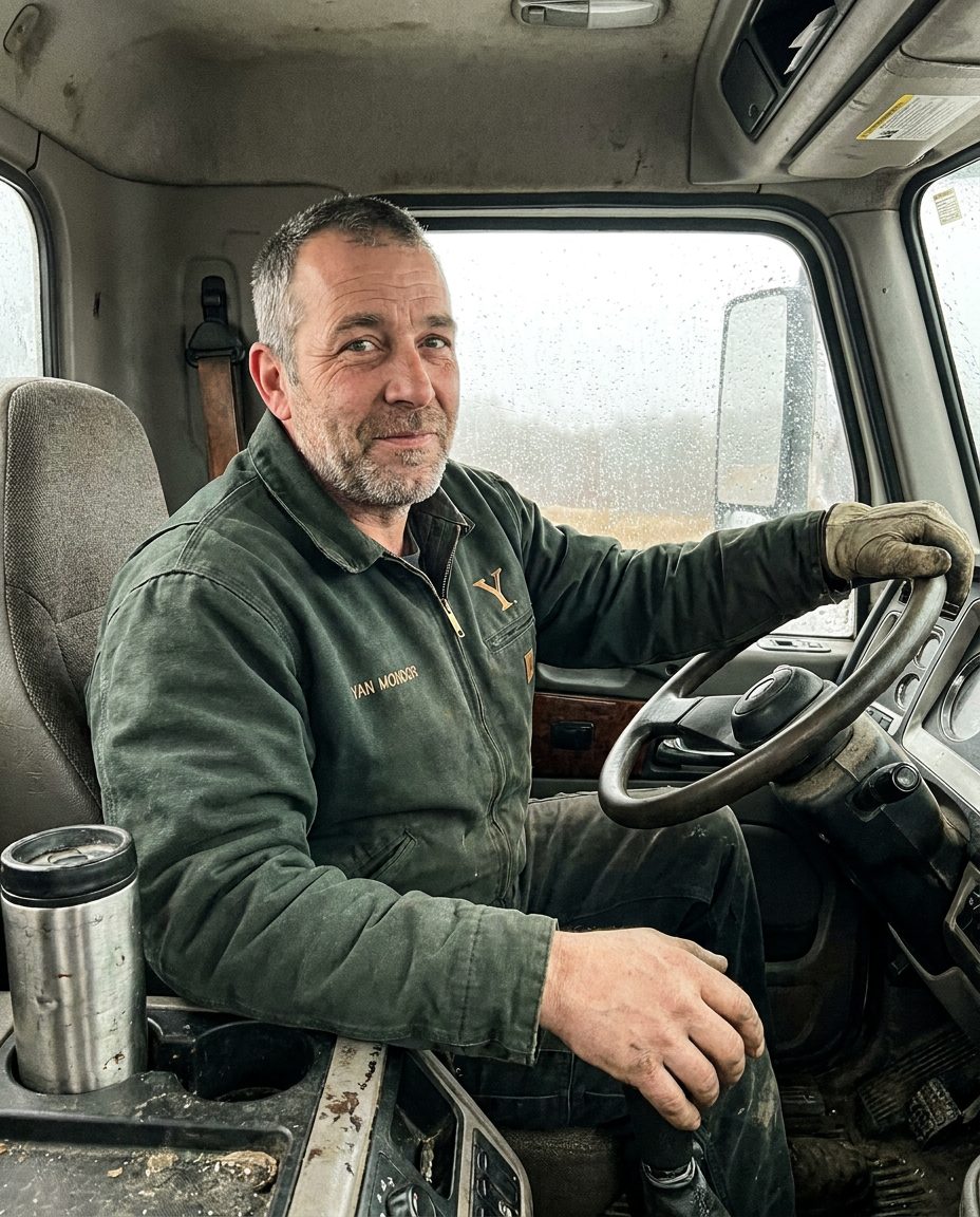 Chauffeur de Transport Yan Mondor au volant, veste verte à l’emblème de l’entreprise