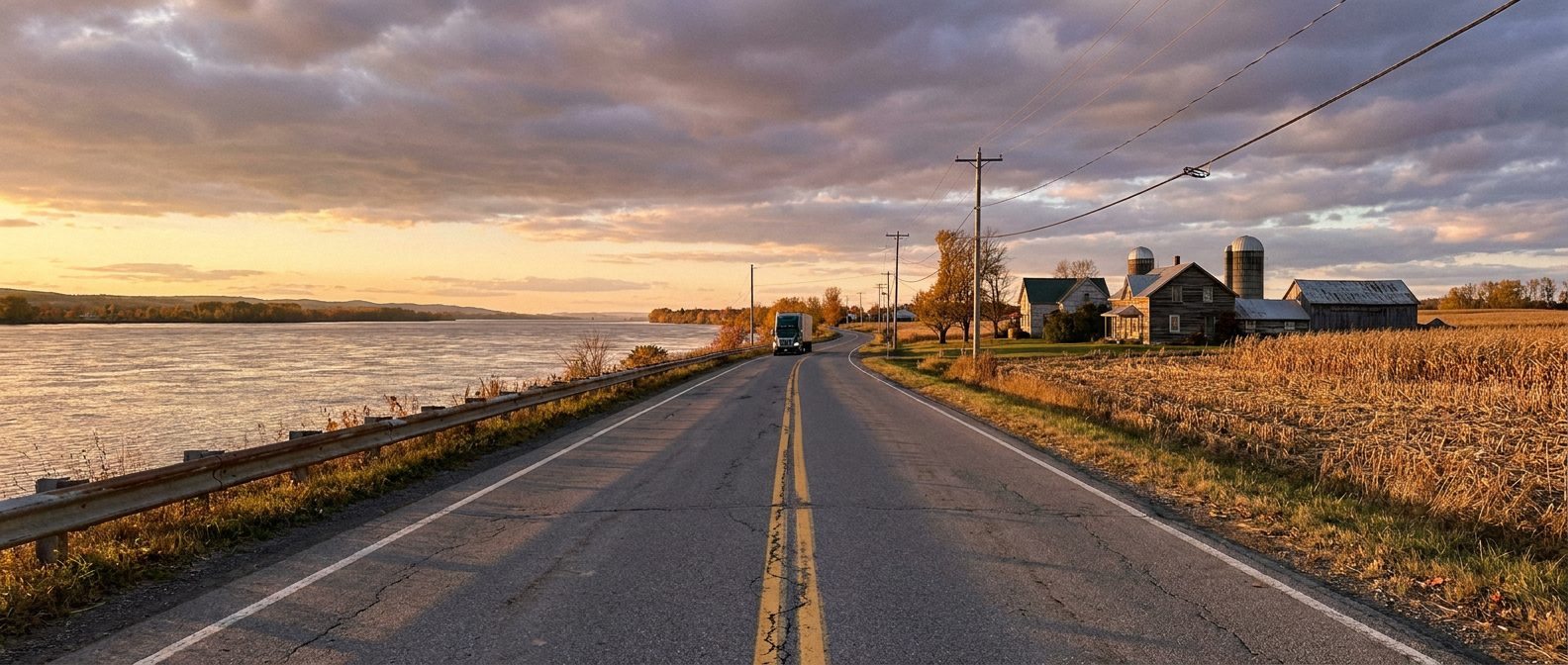 Route à deux voies le long du Saint-Laurent au coucher du soleil, un camion au loin